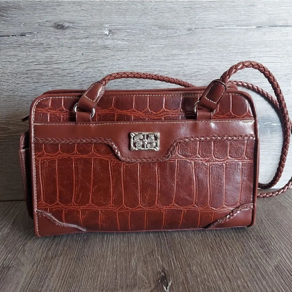 Bueno Faux Croc Satchel Shoulder Bag Brown Braided Straps